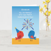 Kleinzoon Eerste 4 juli Schattige Vogels Vuurwerk Kaart (Gele Bloem)