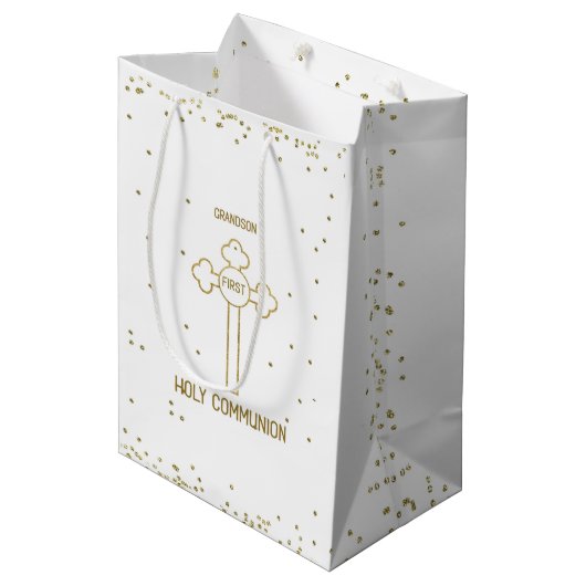Kleinzoon Eerste Heilige Communie Gouden Kruis Medium Cadeauzakje (Voorkant Gekanteld)
