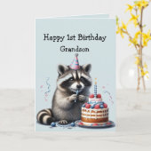 Kleinzoon Fun Raccoon 1e Verjaardag Kaart (Gele Bloem)