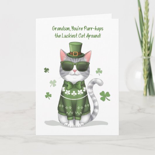 Kleinzoon Grappige Kat Met Zonnebril St Patrick's Kaart (Voorkant)