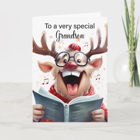 Kleinzoon Grappige Kerstmis rendieren zingen Bedankkaart (Voorkant)