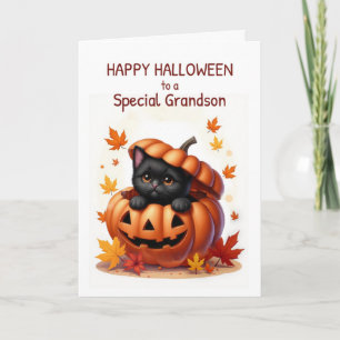 Kleinzoon Halloween Schattigee zwarte kat in pompo Kaart