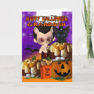Kleinzoon Halloween vampier kat pompoen jack of pl Kaart