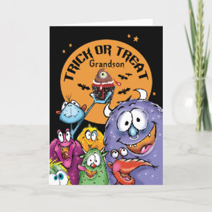 Kleinzoon, Halloweenmonsters, snoep of een poets Kaart