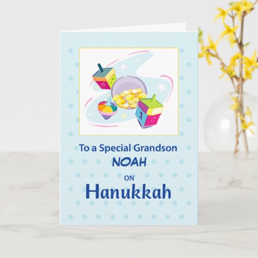 Kleinzoon Hanukkah Blue Dreidel Kaart (Gele Bloem)