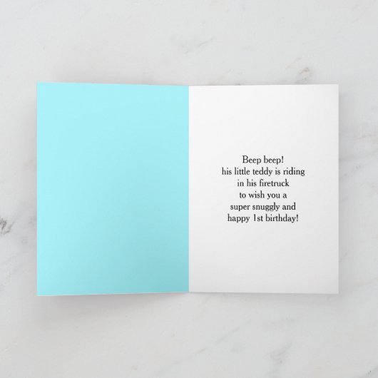 Kleinzoon Happy 1st Verjaardag Teddy Bear Firetruc Kaart (Binnen)