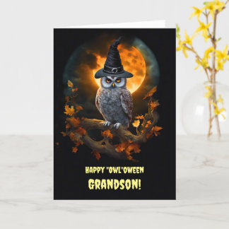 Kleinzoon Happy Halloween met Uil en Warlock Pet Kaart