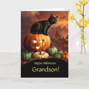 Kleinzoon Happy Halloween met zwarte kat Kaart