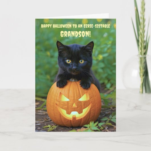 Kleinzoon Happy Halloween Schattige Black Kitten Kaart (Voorkant)