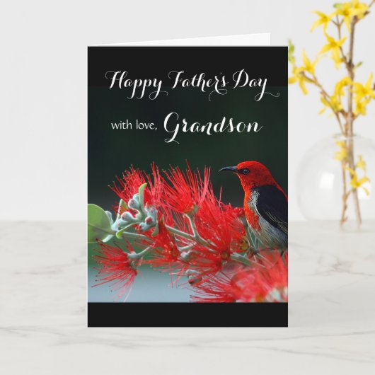 Kleinzoon / Happy Vaderdag - Scarlet Honeyeater Kaart (Gele Bloem)