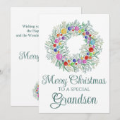 Kleinzoon kleurrijke kerst krans feestdagenkaart (Voorkant / Achterkant)