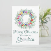 Kleinzoon kleurrijke kerst krans feestdagenkaart (Staand voorkant)