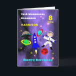 Kleinzoon Ruimteschip Astronaut Schattige Happy Bi Kaart<br><div class="desc">Super schattig cartoon buitenruimte thema afbeelding met een astronaut in de ruimte,  raket,  sterren,  planeten en ruimteschip; zo'n leuk en kleurrijk ontwerp en gemakkelijk aan te passen met een naam,  leeftijd en boodschap,  voor die extra speciale touch zonder extra kosten.</div>