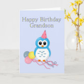 Kleinzoon Verjaardag Cartoon Uil en Ballonnen Kaart (Gele Bloem)