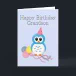 Kleinzoon Verjaardag Cartoon Uil en Ballonnen Kaart<br><div class="desc">Deze kaart wenst een kleinzoon een gelukkige verjaardag. Het heeft een schattige tekening van een blauwe uil met een party pet op zijn hoofd. Het is met een bos van geel roze en blauwe ballonnen,  een leuke en vrolijke kaart voor een jonge kleinzoon.</div>