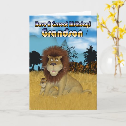 Kleinzoon Verjaardag Kaart - Leeuw en welp (Gele Bloem)