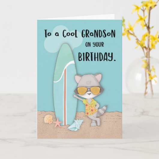 Kleinzoon Verjaardag Strand Grappig Cool Raccoon Kaart (Gele Bloem)