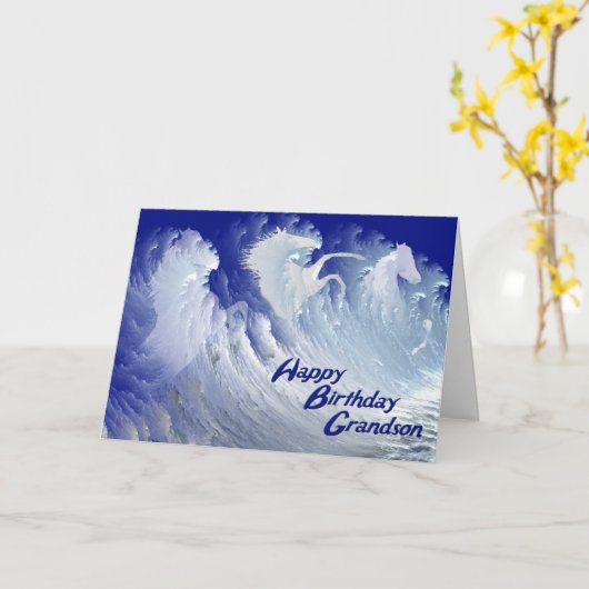 Kleinzoon verjaardagskaart met witte paarden kaart (Gele Bloem)