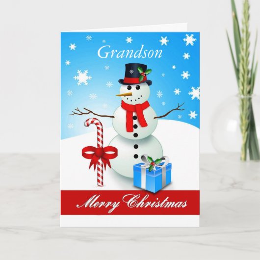 Kleinzoon / Vrolijk Kerstfeest - Sneeuwman Feestdagen Kaart (Voorkant)