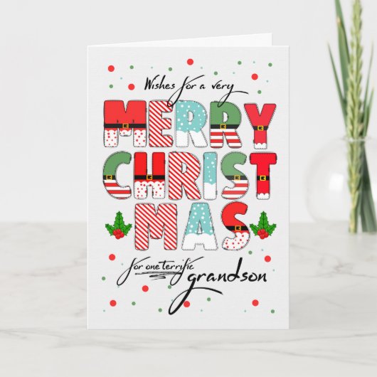 Kleinzoon Vrolijk Kerstmis Versierde Lettering Feestdagen Kaart (Voorkant)