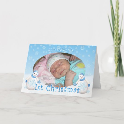 Kleinzoons 1e kerstfoto sneeuwman kaart (Voorkant)