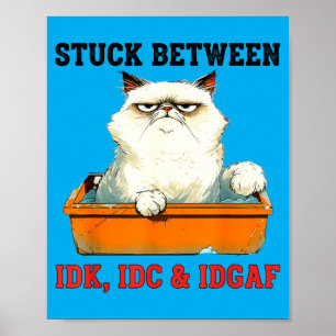 Klem tussen Idk Idc Idgaf Grappige Kattenliefhebbe Poster