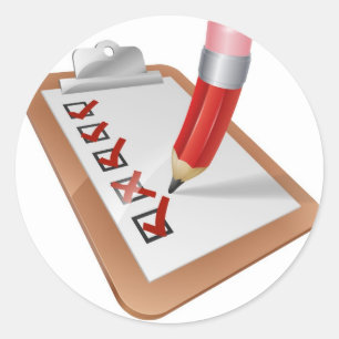 Klembord voor cartoon-enquête met potlood ronde sticker