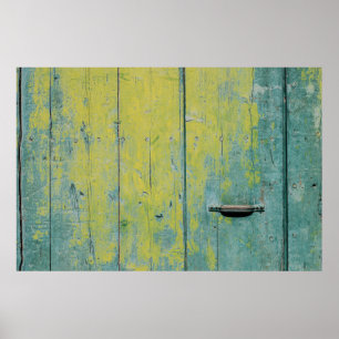 Klepfoto van geel en blauwgroen houten bord poster