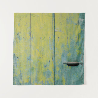 Klepfoto van geel en blauwgroen houten bord wandkleed
