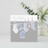 Klerenlijn Blauw en Grijs Baby Shower voor Jongen Kaart (Staand voorkant)
