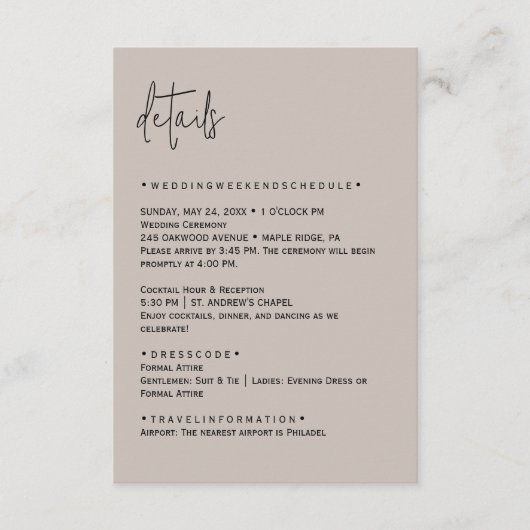 Kleur Aanpasbare Trouwdetailskaart Informatiekaartje (Voorkant)