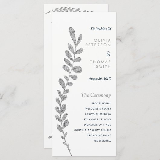 Kleur Bewerkbaar Silver Leaf Wedding Program Programmakaart (Voorkant / Achterkant)