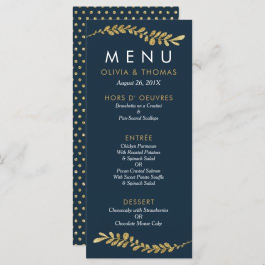 Kleur Bewerkbare Faux Gold Leaf Bruiloft Menu Kaar (Voorkant / Achterkant)