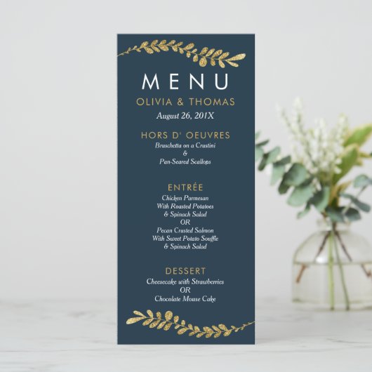 Kleur Bewerkbare Faux Gold Leaf Bruiloft Menu Kaar (Staand voorkant)