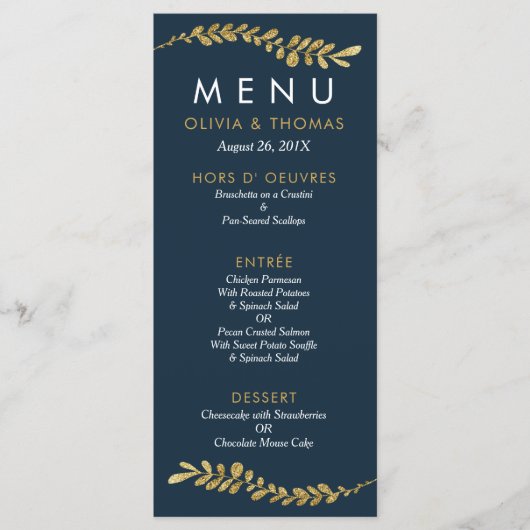 Kleur Bewerkbare Faux Gold Leaf Bruiloft Menu Kaar (Voorkant)