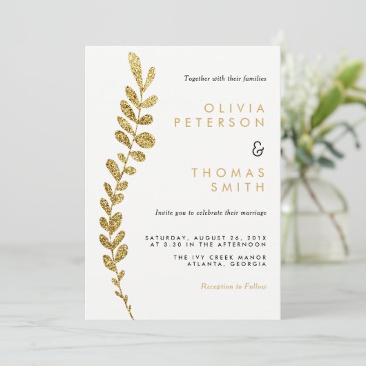 Kleur Bewerkbare Faux Gold Leaf bruiloft uitnodigi Kaart (Staand voorkant)