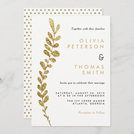 Kleur Bewerkbare Faux Gold Leaf bruiloft uitnodigi Kaart (Voorkant / Achterkant)