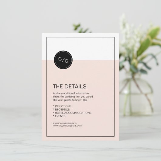 Kleur bewerkbare moderne bruiloft details kaart (Staand voorkant)