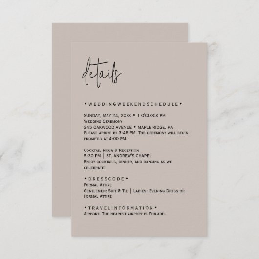 Kleur Bewerkbare Trouwdetails Kaart (Voorkant / Achterkant)