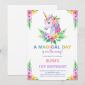Kleur Bloemen Eenhoorn Verjaardag Uitnodigingen (Voorkant / Achterkant)