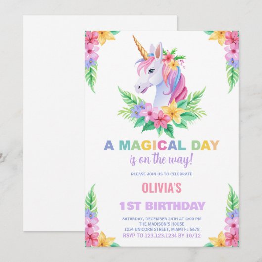 Kleur Bloemen Eenhoorn Verjaardag Uitnodigingen (Voorkant / Achterkant)