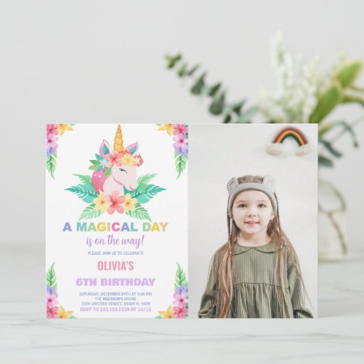 Kleur Bloemen Eenhoorn Verjaardag Uitnodigingen fo (Staand voorkant)