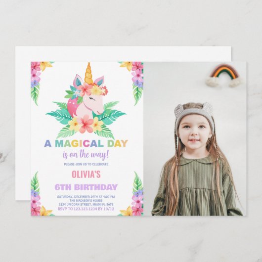 Kleur Bloemen Eenhoorn Verjaardag Uitnodigingen fo (Voorkant / Achterkant)