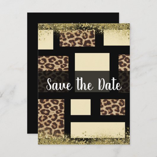 Kleur Blok Crème Ivoor Zwart Leopard Cheetah Aankondigingskaart (Voorkant / Achterkant)