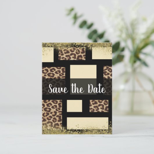 Kleur Blok Crème Ivoor Zwart Leopard Cheetah Aankondigingskaart (Staand voorkant)