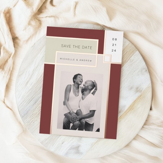 Kleur Blok Mid Century Modern Save the Date Folie Uitnodiging
