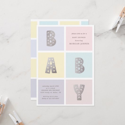 Kleur Blok Pastel Silver Baby shower Invitation (Voorkant / Achterkant in situ)