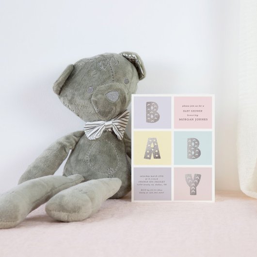 Kleur Blok Pastel Silver Baby shower Invitation Kaart