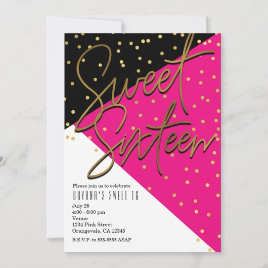 Kleur Blok Roze Zwart Goud Sweet 16 Uitnodigingen (Voorkant)