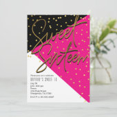 Kleur Blok Roze Zwart Goud Sweet 16 Uitnodigingen (Staand voorkant)